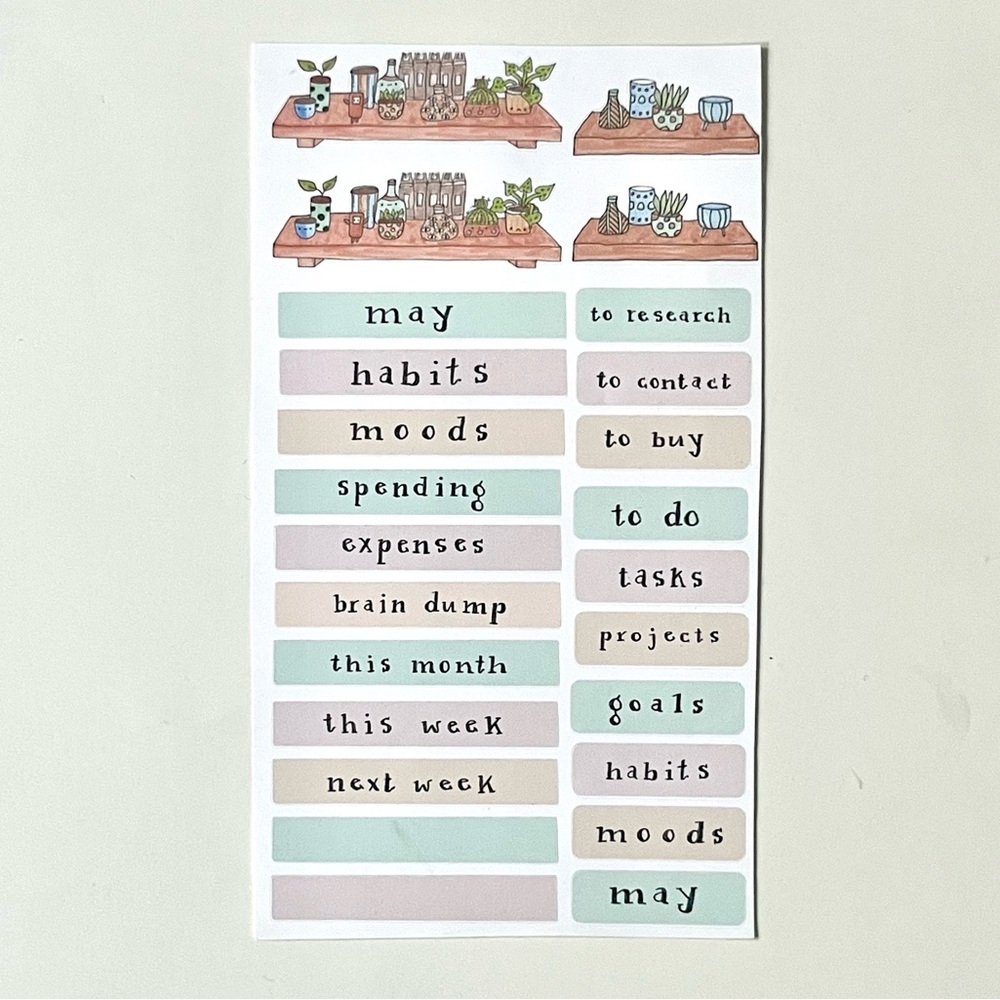 ✨handmade by me✨ may monthly headers plants bookshelf bullet journal stickers